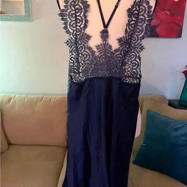 Victorias Secret Blue Satin Lace Trim Chemise Nightie Slip Dress Size XS - Image 3