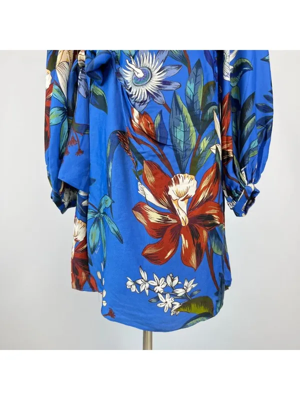 NWOT Farm Rio Blue Surreal Flowers Wrap Long Sleeve Mini Dress Size S - Image 4