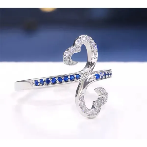 White Gold Plated Double Heart Lab Sapphire Ring Size‎ 7 - Image 9