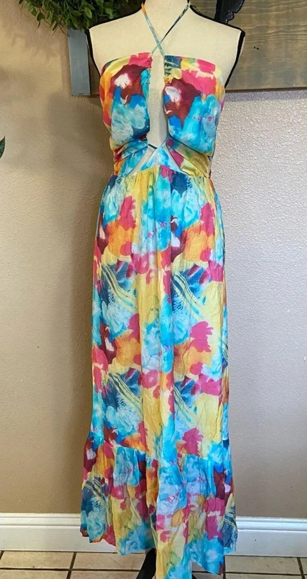 NWOT Lulus Stunning One Multi Abstract Print Drawstring Halter Maxi Dress - Image 3
