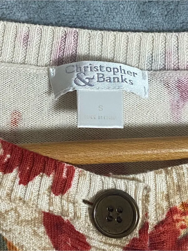 Christopher & Banks Cream Cardigan with Fall Leaf Print Cozy Casual Halloween S - Image 4