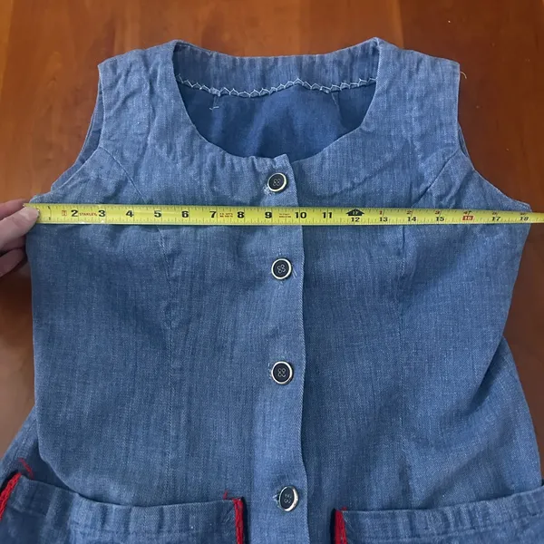 Vintage 70s blue button up vest red trim front pockets Handmade Small - Image 6
