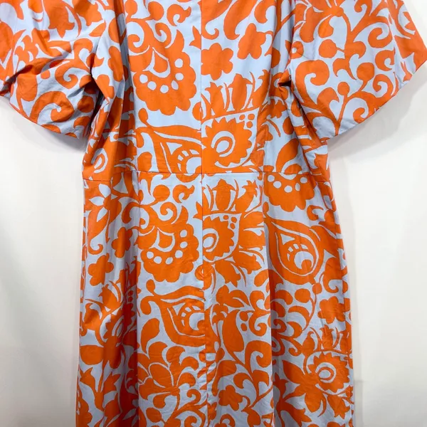 Talbots Size‎ 10 Midi Dress Puff Sleeve Poplin Floral Orange Blue Fit Flare 1526 - Image 9