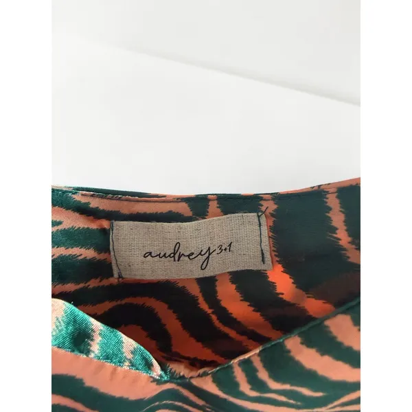 Audrey 3+1 Green Peach Tiger Print Satin Slip Mini Dress Large NWOT - Image 3