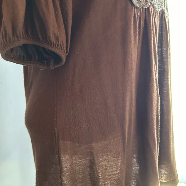Dark brown crocheted lace bib front elbow puff sleeve top - Image 8