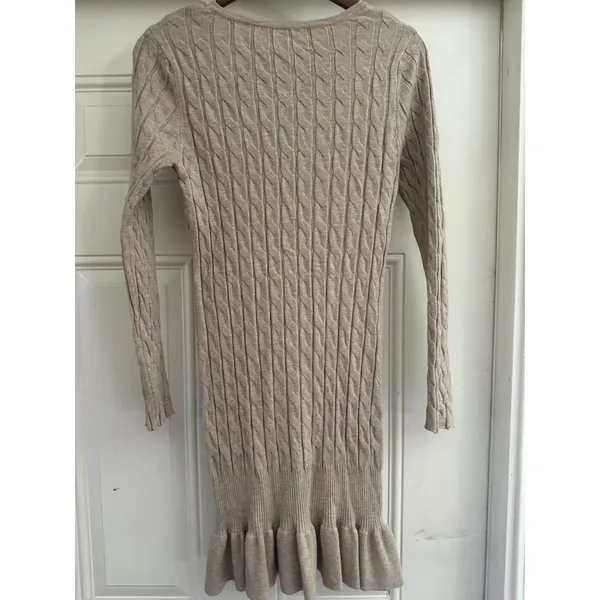 Beige Cable Knit Ruffle Hem Long Sleeve Sweater Dress - Image 2