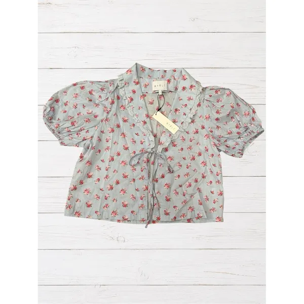 NWT Blue Floral Puff Sleeve Tie Front Cottagecore Praire‎ Blouse Small MABLE - Image 2