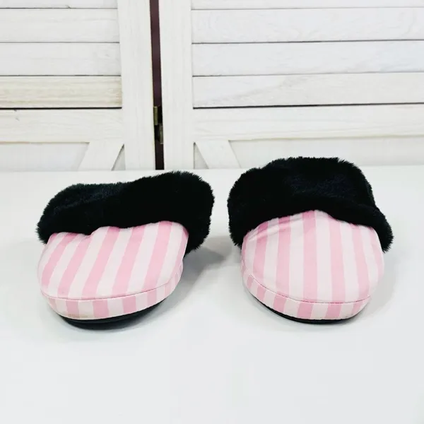 Victoria's Secret Faux Fur Trim Striped Slippers Pink Black‎ Large - Image 3