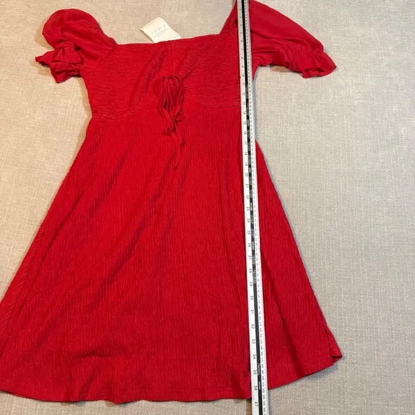 Red Puff Sleeve Mini Dress Size Large NWT Square Neck‎ Lace Up Ruched Boho - Image 6