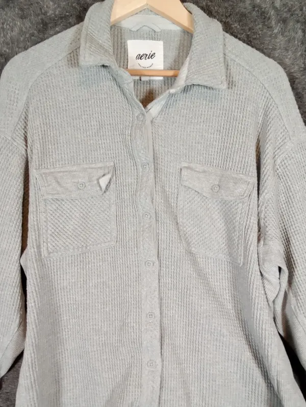 Aerie Lumberjane Oversized Gray Waffle Knit Button Up Cotton Cozy - Image 4