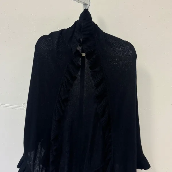 Design History Cashmere Wool Angora Blend Ruffle Trim Knit Shawl Wrap O/S Black - Image 5