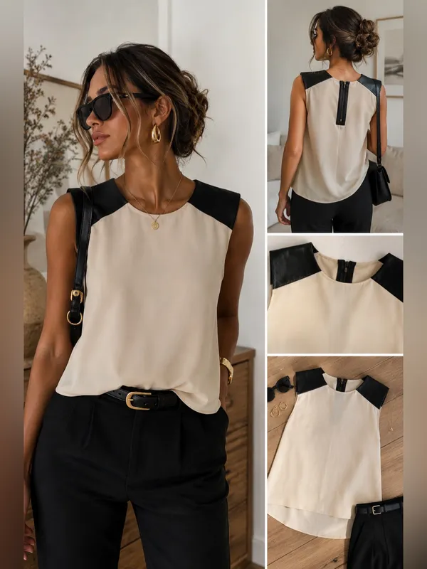 Alice + Olivia Silk Sleeveless Top Leather Shoulder Panels XS - Image 2
