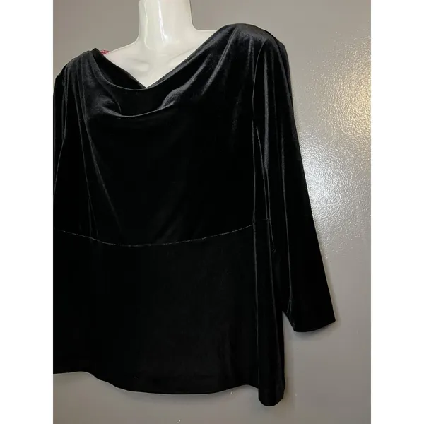 Donna Ricco Blouse Womens 16W Plus Black Velvet Cowl Neck Long Sleeve Made USA - Image 4
