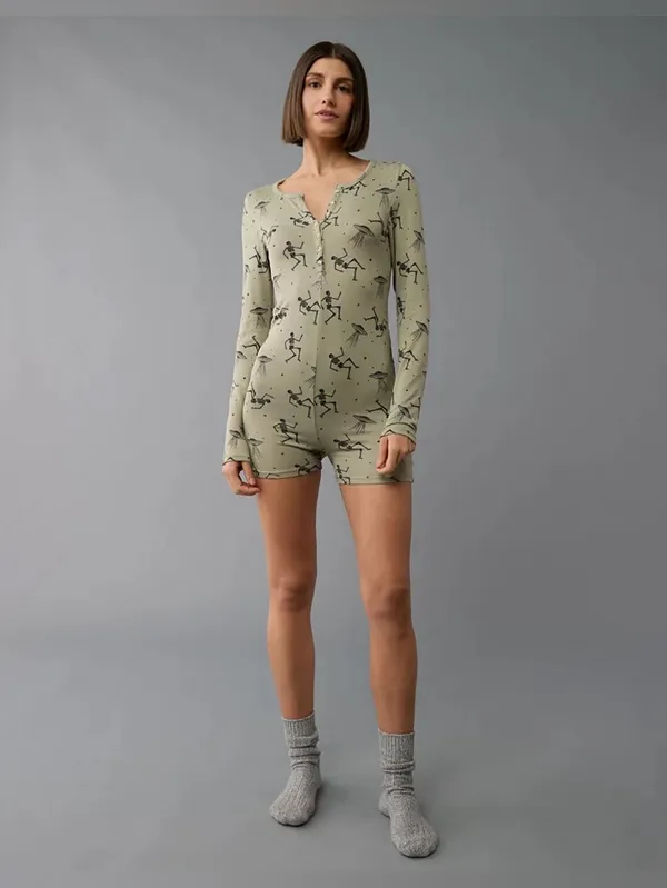 American Eagle Skeleton Plush Ribbed Romper- Size Medium - Image 2