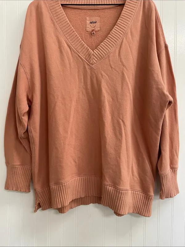 AERIE Relaxed Boyfriend Distressed V-Neck Sweatshirt Burnt Coral Size S - Image 5