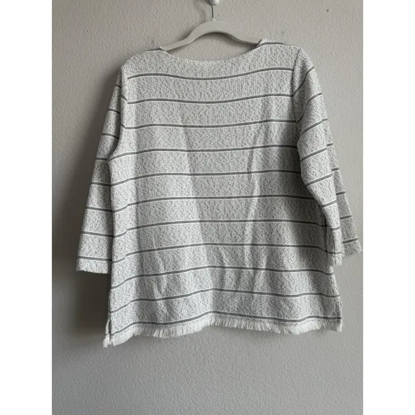 Talbots Women's Size Large 3/4 Sleeve Fringe Hem Sweater Top White Black Stripes - Image 7