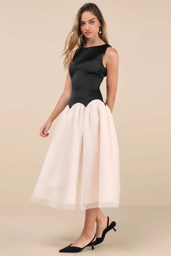 Lulus Satin Bodice Tulle Skirt Drop Waist Colorblock Midi Dress - Image 2