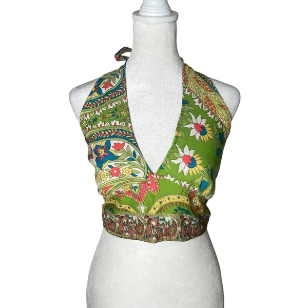 Reversible Paisley Halter Crop Top Bohemian Festival Coachella Sz S/M Silk Y2K - Image 3