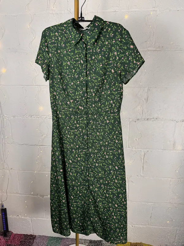 rihoas green floral button up midi dress sleeve size s - Image 9