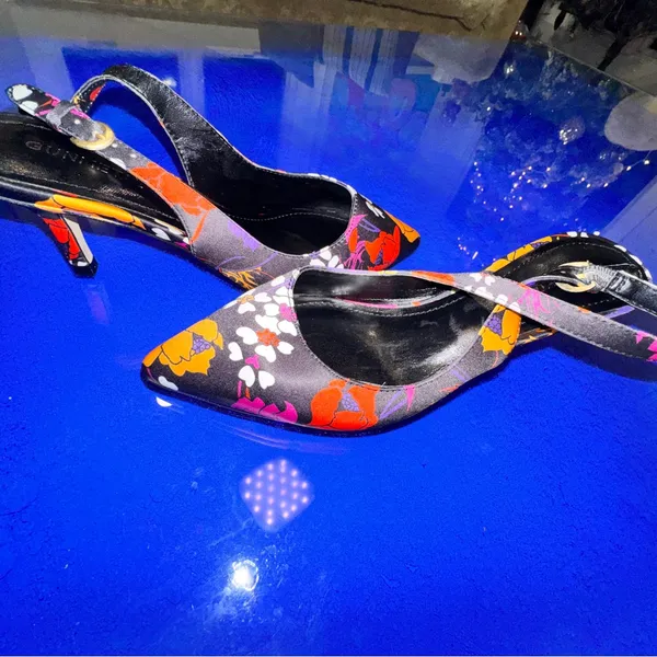 GunMetal‎ Floral Pointed Toe Kitten Heel Size 7 Y2K Pop Art Pumps comfortable - Image 6