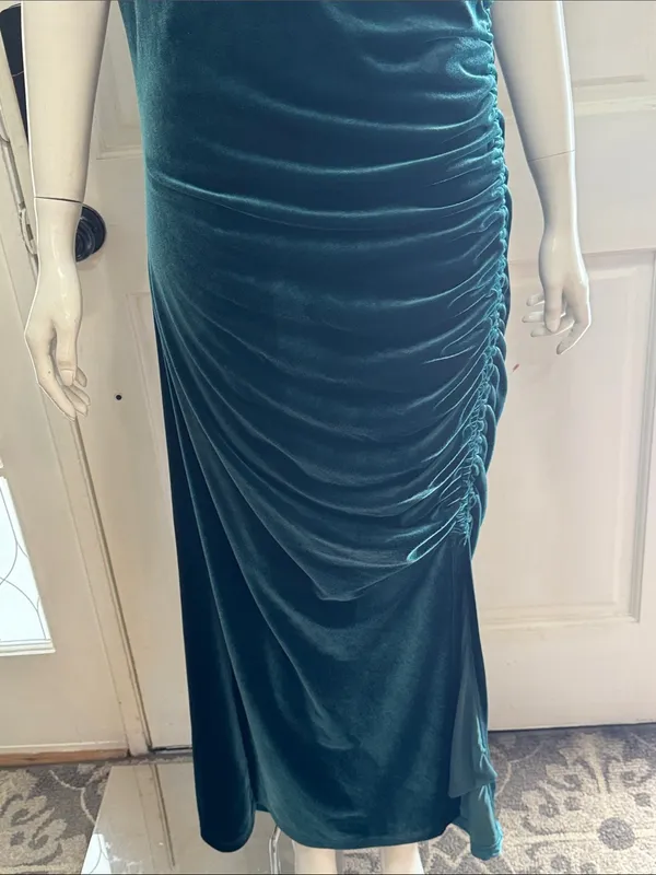 ANTHROPOLOGIE The Maya Stretch Velvet Cowl-Neck Em Teal Velvet Ruched Dress S XL - Image 7
