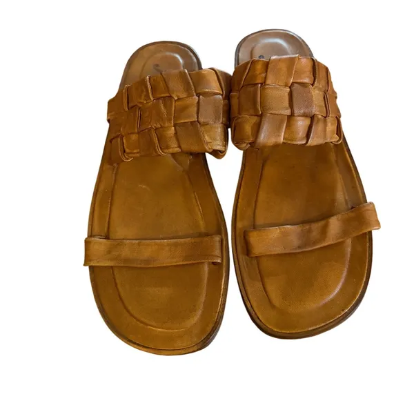 Free People Tan Woven Winding River Leather Slide Sandals Flat Size 38 US 8 - Image 3