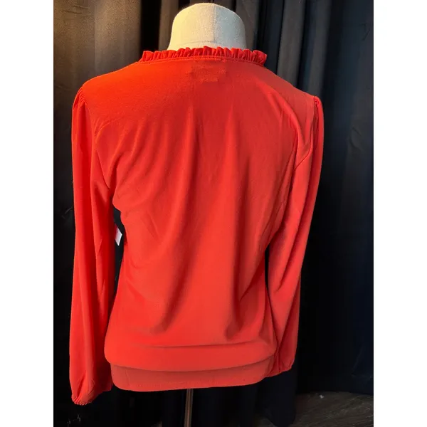 CeCe Florence Rose Ruffle V-Neck Blouse Cherry Pop Red‎ Long Sleeve XS 7063609 - Image 4