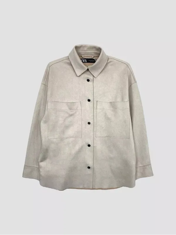 Zara Faux Suede Shacket Womens Small Beige Oversized Snap Front Shirt Jacket - Image 3
