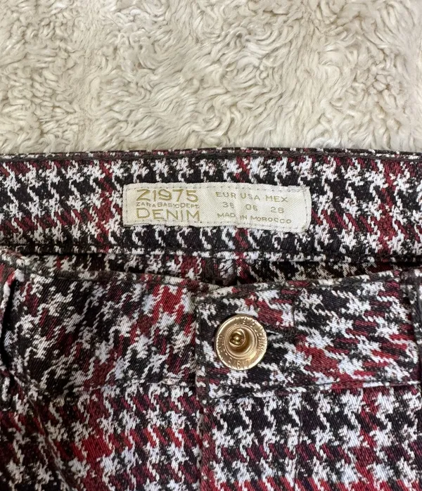 Zara red/brown/cream houndstooth plaid skinny jeans/slim stretch pants Size 6 - Image 5