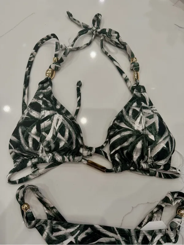 Dark Geeen & White Leaf Print Triangle Bikini Set NWT Green - Image 3