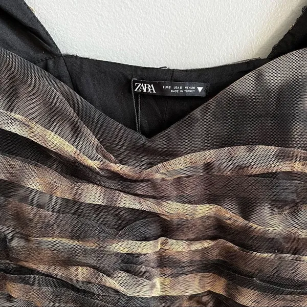 Zara CORSETRY TULLE CROP TOP Black Tan Long Sleeve Mesh Cropped Top Small NWT - Image 10