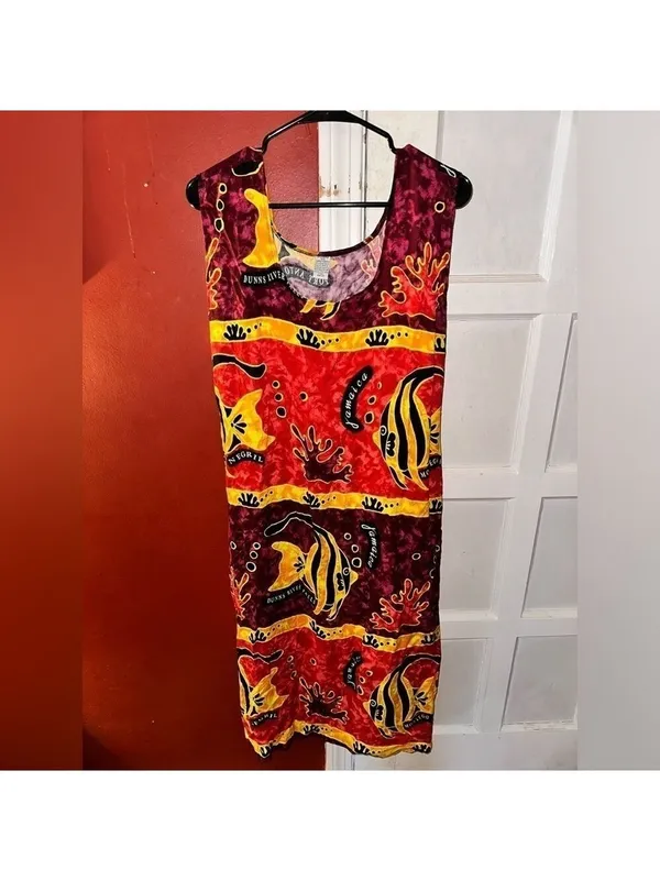 Dunn’s River Falls Jamaica Ocean Fish Sea Life Red Sleeveless Maxi Dress Vintage - Image 4