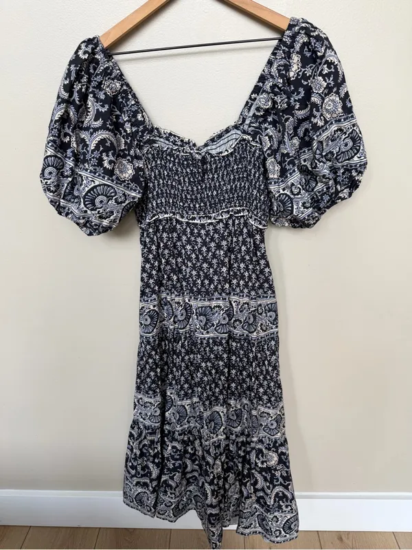 Sea NY Jasper Tiered Maxi Poplin Cotton Dress Puff Sleeve Square Neck Size Large - Image 6
