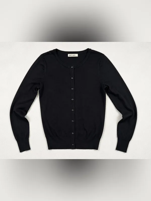 Grace Karin Women’s Small Black Button Front Cardigan Sweater Viscose Knit - Image 6