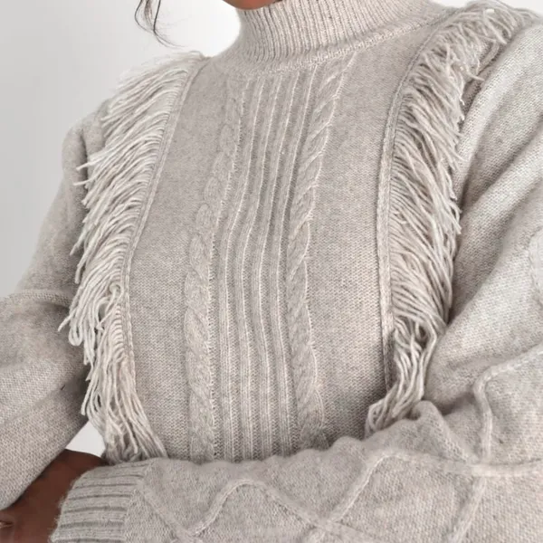 Lulus Size Small Cozy Nature Heather Beige Fringe Sweater - Image 3