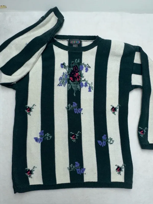 Vintage 90s Paris Sport Club Floral Striped Knit Sweater L Cottagecore Grandma - Image 5