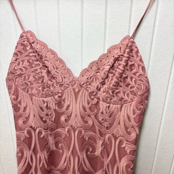 Bardot Gia Lace Pencil Midi Dress Spaghetti Strap Latte‎ Pink Embroidered L - Image 11