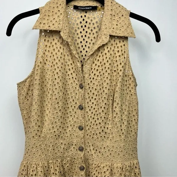 Ellen Tracy Eyelet Dress Womens 2P Tan Cotton Tiered Fit Flare Midi Shirt Dress - Image 3