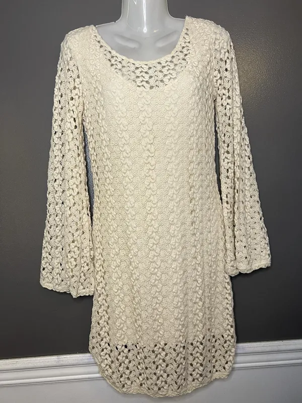 Free People Sweater Dress Womens Medium White Crochet Bell Sleeve Boho Mini - Image 2