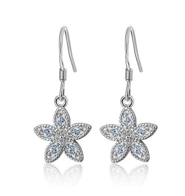925 Silver Plated Crystal Flower Dangle Drop Earrings for Women - Image 2
