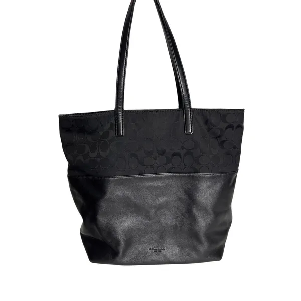 Coach Black Signature Canvas Leather Tote Bag Tassel Shoulder Purse - Image 2