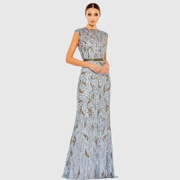 Mac Duggal 6 Silver Gray Gold Beaded Illusion Cap Sleeve Column Gown Maxi Dress - Image 3