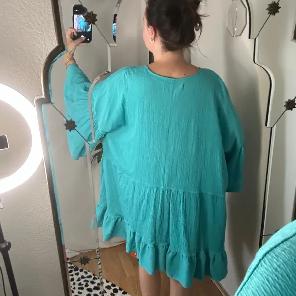 Free People Beach El Mar Ruffled Cotton Gauze Mini Dress Aqua Blue Size Small - Image 4