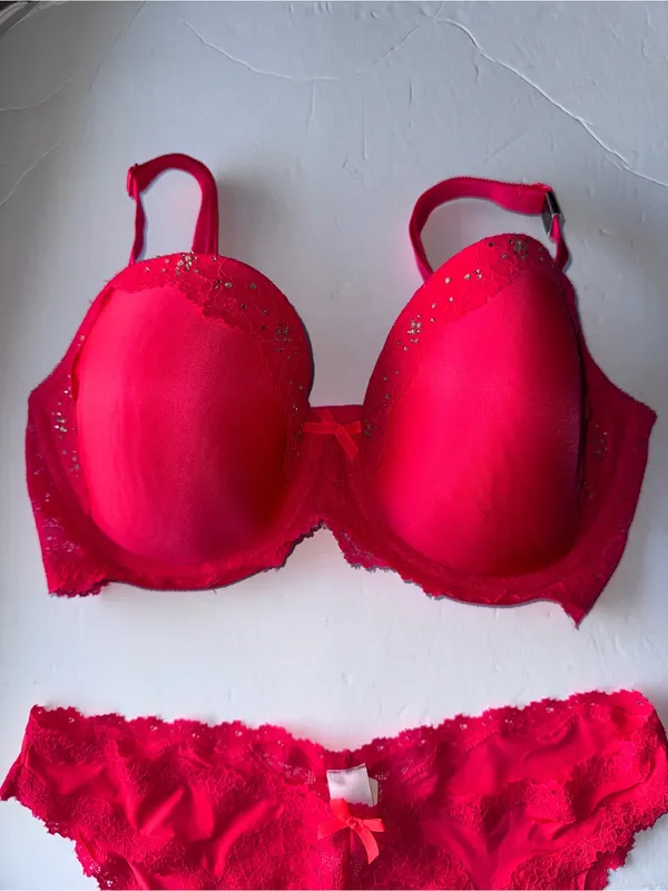 Victoria’s Secret Neon Coral Lace Push Up Bra 34DDD & Medium Panty NEW - Image 3