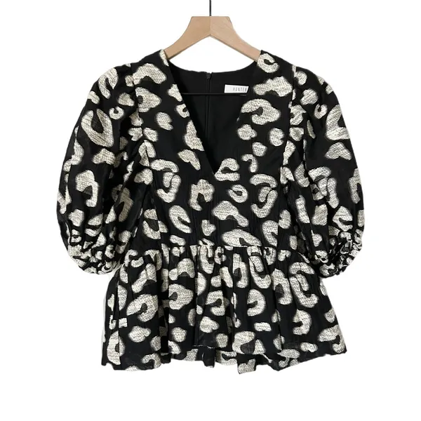 Hunter Bell Leighton Top Cotton Blend Black White Peplum Puff Sleeve V-Neck Sz 8 - Image 2