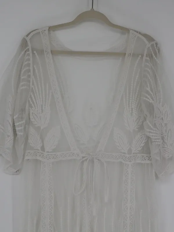 Cupshe Ivory Floral Lace Boho Kimono Maxi Swim Cover Up Long Sheer Mesh Medium - Image 2