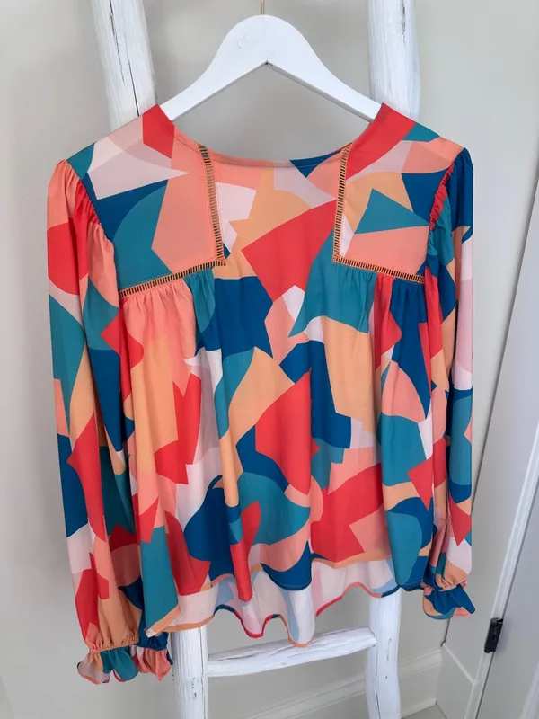 Vici Teal, Orange & Cream Abstract Balloon-Sleeve Blouse - Image 3
