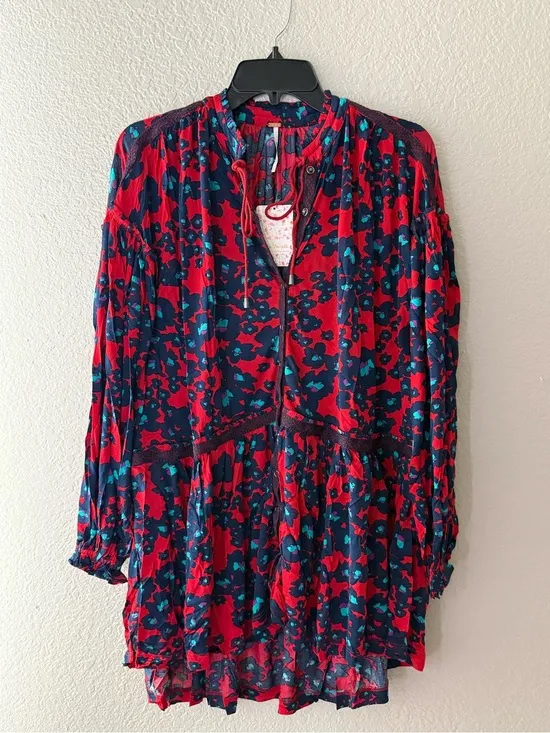 NEW Free People Red Floral Bohemian Keyhole Long Sleeve Mini Dress LRG Tunic - Image 7