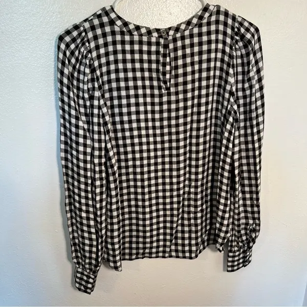 Loft Women's Size XS Blouse Long Puff Sleeve Black White Gingham Crewneck 552579 - Image 8