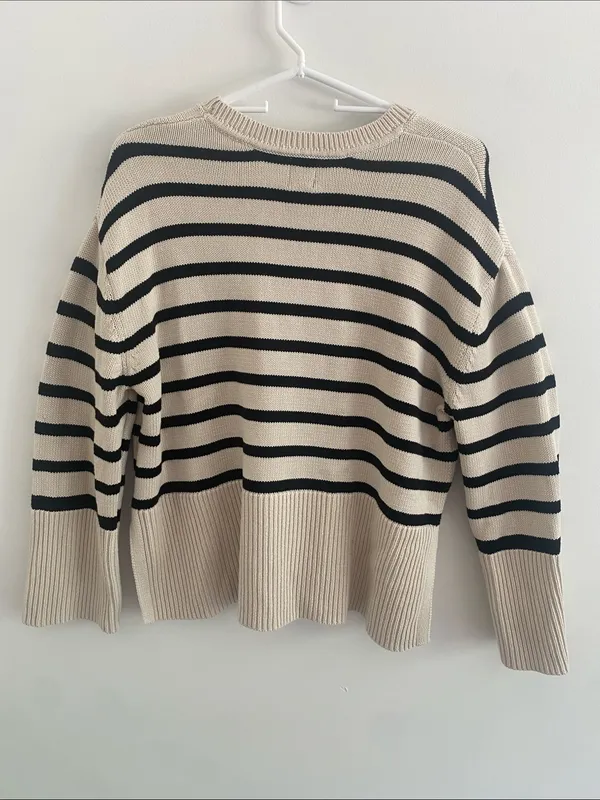 GAP Crew Neck Cotton Nautical Split Hem Striped Sweater Pullover Black Cream M - Image 5